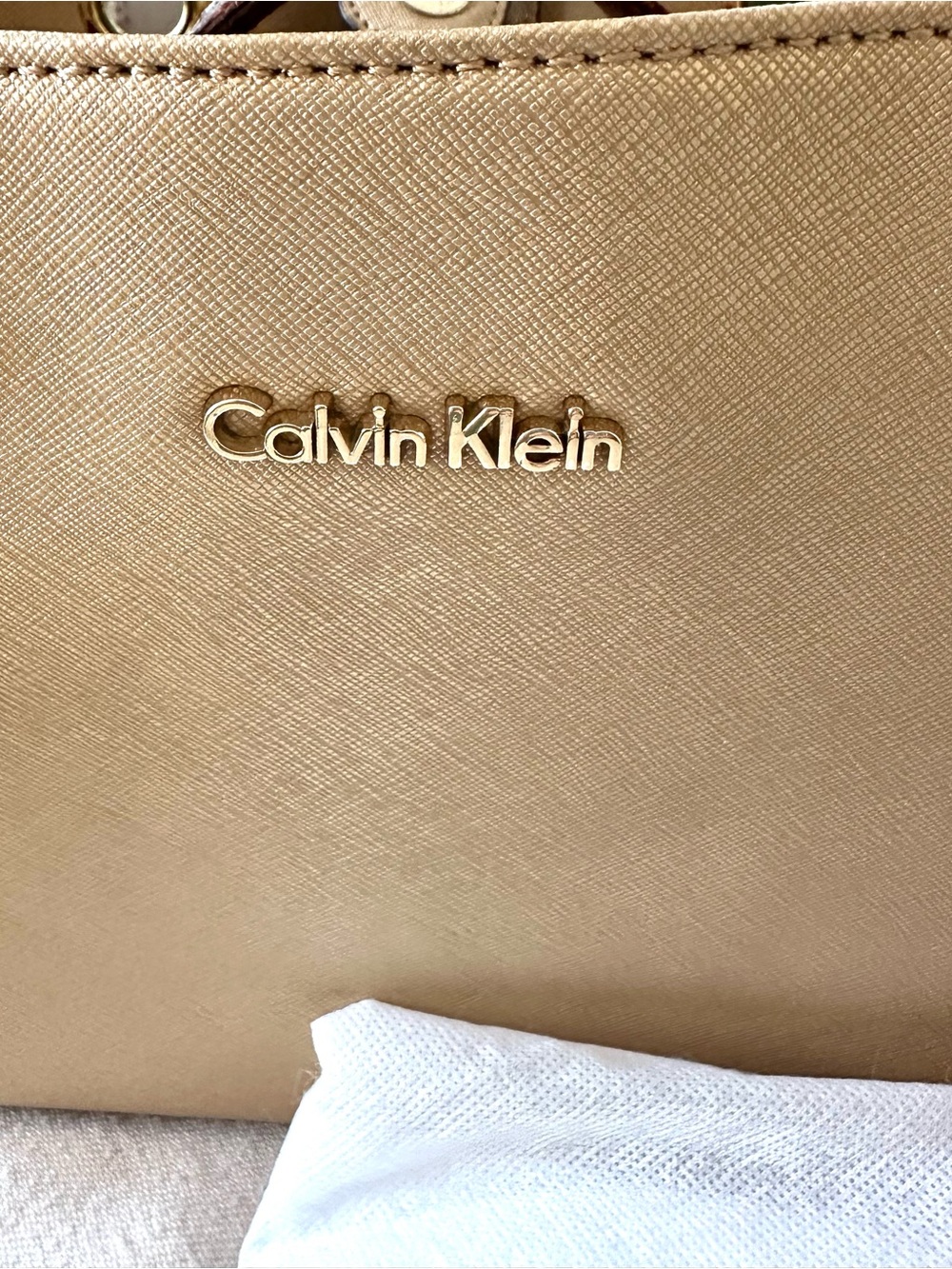 Calvin Klein Metallic Gold Saffiano Tote Shoulder Bag + Dust Bag - Picture 5 of 9
